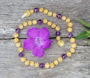 31cm Unpolished Light Honey Baltic Amber with Amethyst Gemstone Baby Necklace.