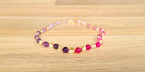 Champaine Baltic Amber with Pink Agate, Strawberry Quartz, Rose Quartz & Amethyst Gemstones 32cm Toddler Necklace