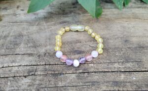 Unpolished Lemon Baltic Amber with Fresh Water Pearls, Cherry Quartz & Amethyst Gemstones 15.5cm Toddler Anklet