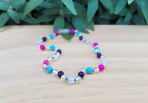 Champaign Baltic Amber, Amethyst, Pink Agate, Howlite & Moonstone Gemstone 33cm Toddler Necklace