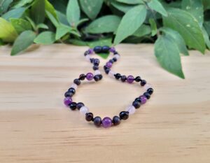 Cherry Baltic Amber with Amethyst & Rose Quartz Gemstone 32cm Toddler Necklace